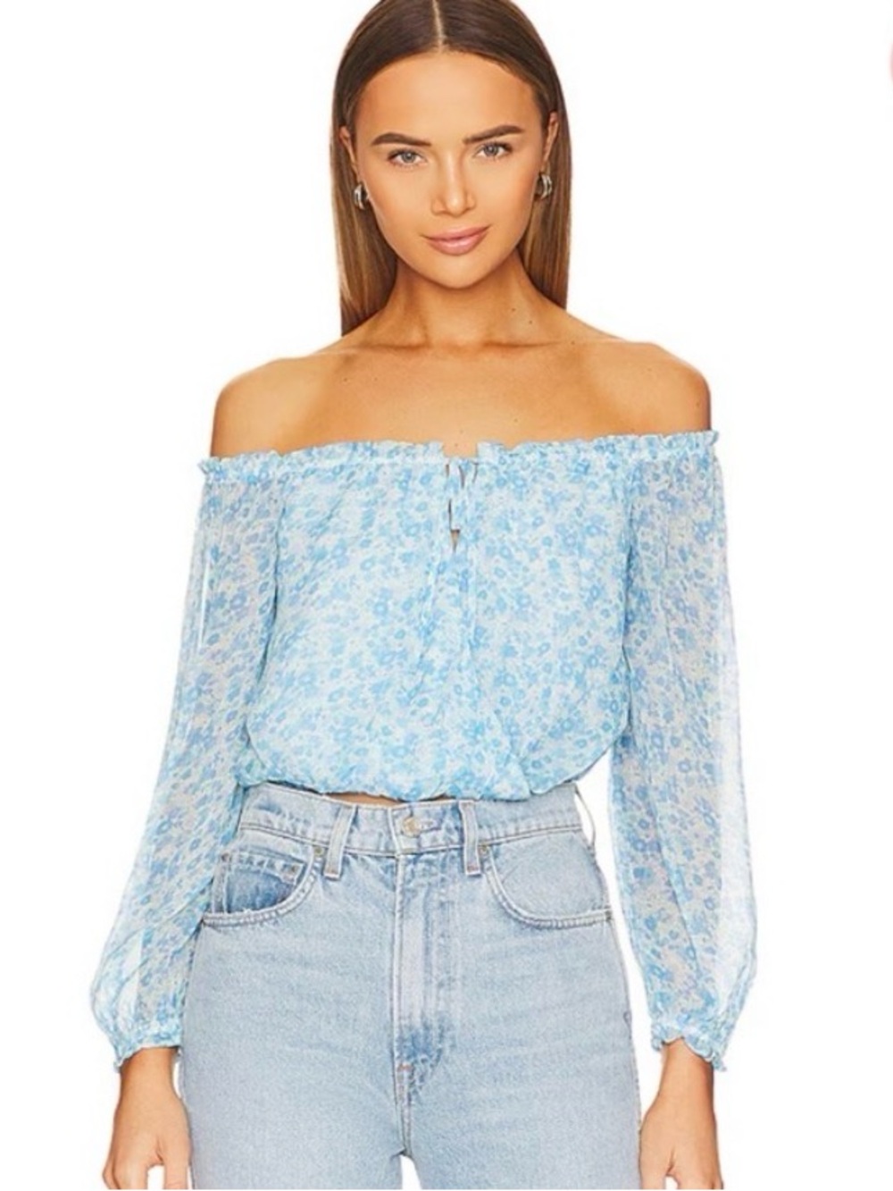 Rays for Days Delia Top Sandwash Floral Blue Off the Shoulder Blouse Size L boho